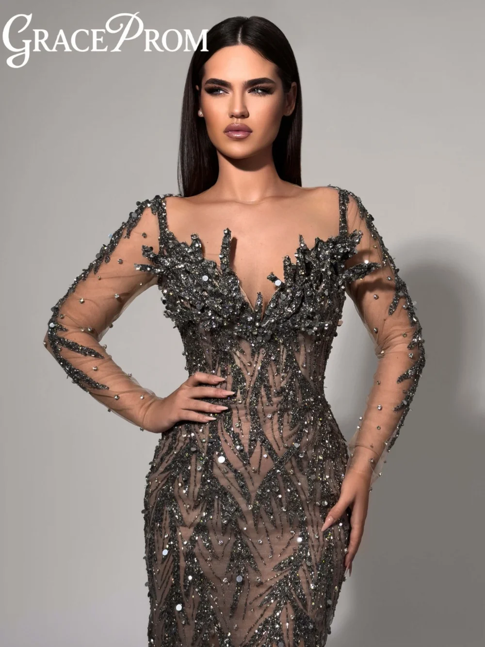 Ätherisches Champagner-Perlen-Abendkleid mit langen Ärmeln, Illusion, Meerjungfrau, formelles Partykleid, neue maßgeschneiderte, exquisite Bankettkleider