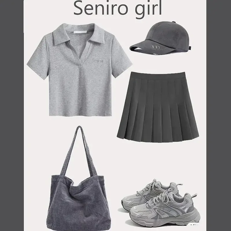 Camiseta de manga corta con cuello tipo Polo para mujer, traje informal de viento universitario, Falda corta holgada de cintura alta, dos piezas, Y2K, novedad de verano 2024