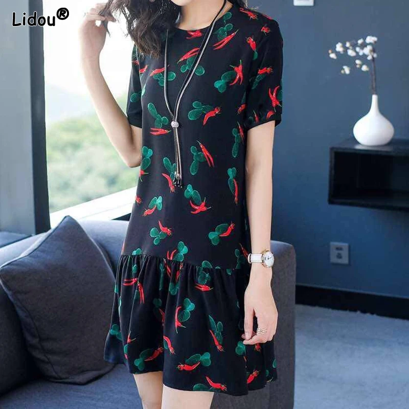 

Patchwork Pleated Fashion Short Sleeve Printing Mini Skirts Round Neck Loose Women's Clothing Casual Summer Thin New Dresses