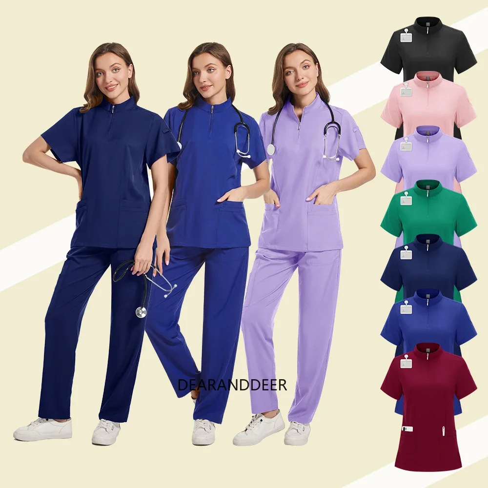 Doctor and nurse suits are comfortable, breathable and fashionable, slim, short-sleeved and V-neck solid color tops and trousers