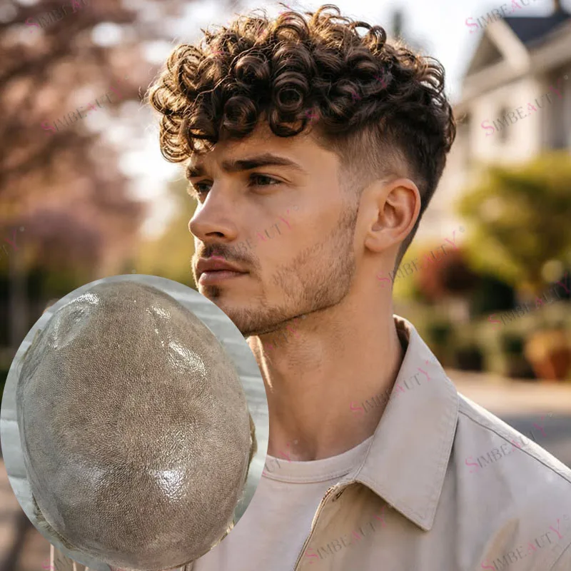 

#18 Cool Brown Blonde Curly Human Hair Black Man's Hair Prosthesis Super Durable Vlooped PU Base Men Toupee #220 #340 Hairpieces