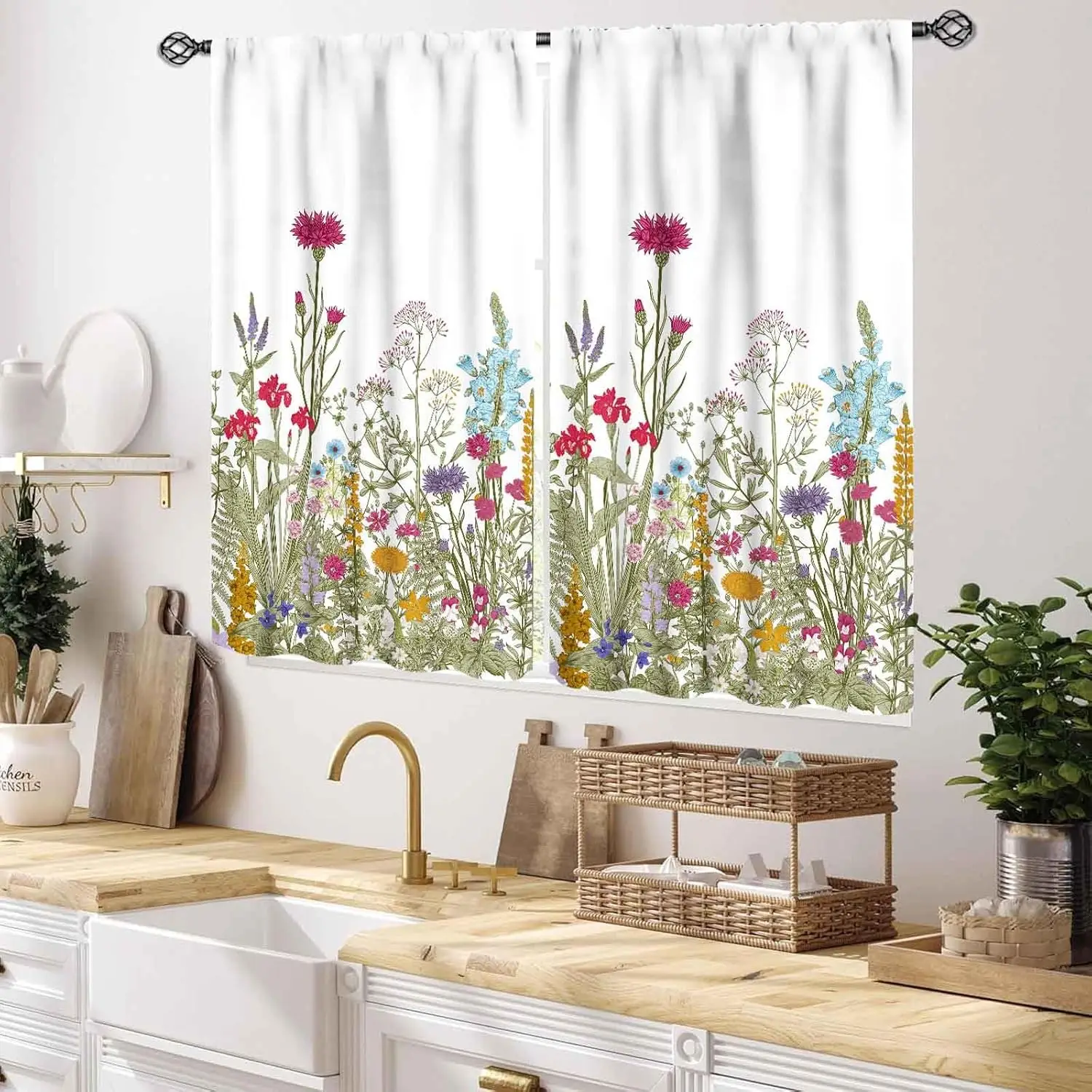 Vintage Spring Wild Floral Short Curtains, Green Leaf Botanical 2 Panels Drapes for Kitchen Cafe Bathroom Bedroom Decor