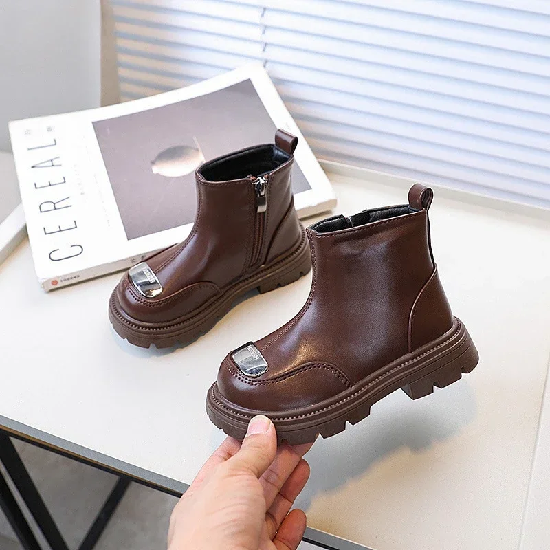 Children's Snow Boot Simple Trend Brown Black Boots for Girl Causal Versatile Zipper Kids Fashion Platform Ankle Boots All Match