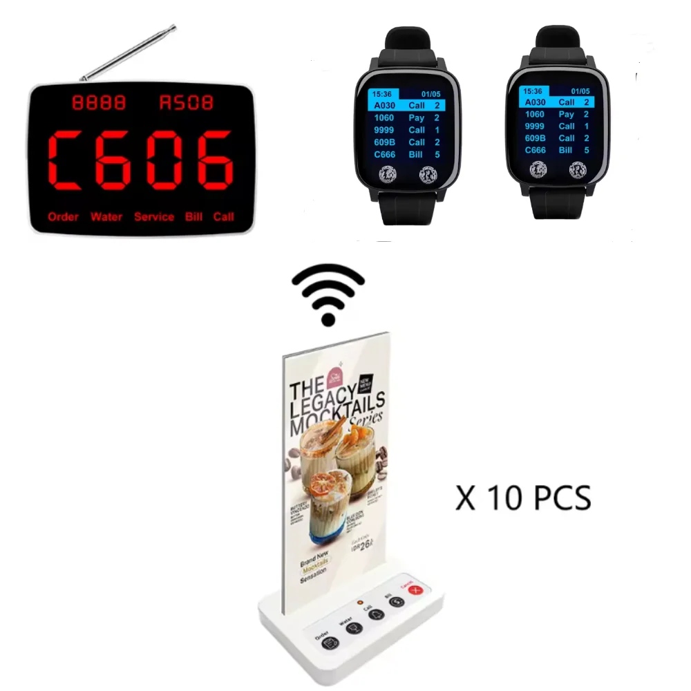 Wireless Waiter Calling System 1 Display Receiver 2pcs Vibration Wrist Watch 1 Call Button Pager Set for Restaurant Cafe
