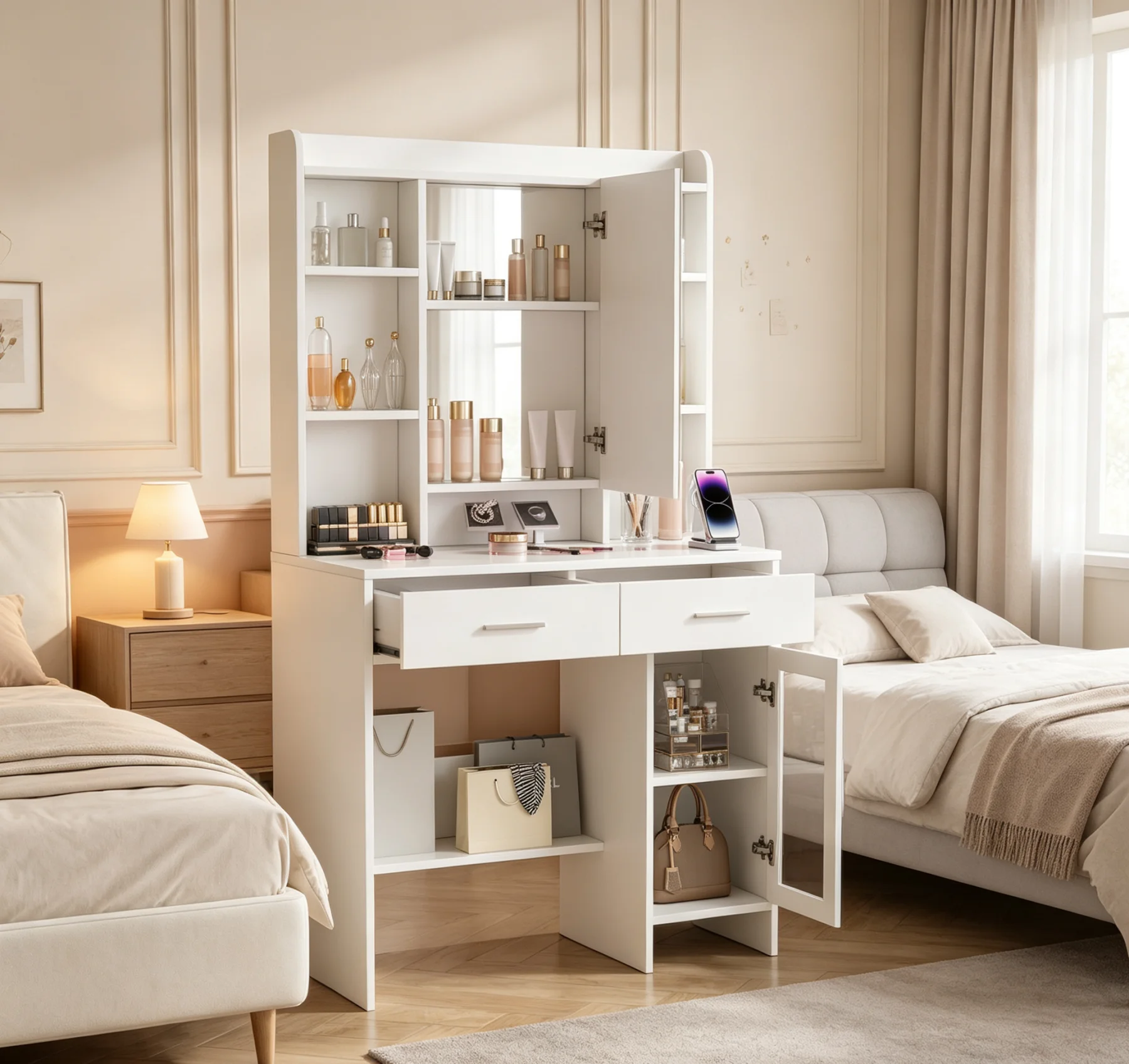 Rosahqnda Grande Toeletta con Specchio e 2 Cassetti e Vetrinetta Espositiva, Moderna Scrivania Vanity per Camera da Letto, Bianca, 89x40x145cm