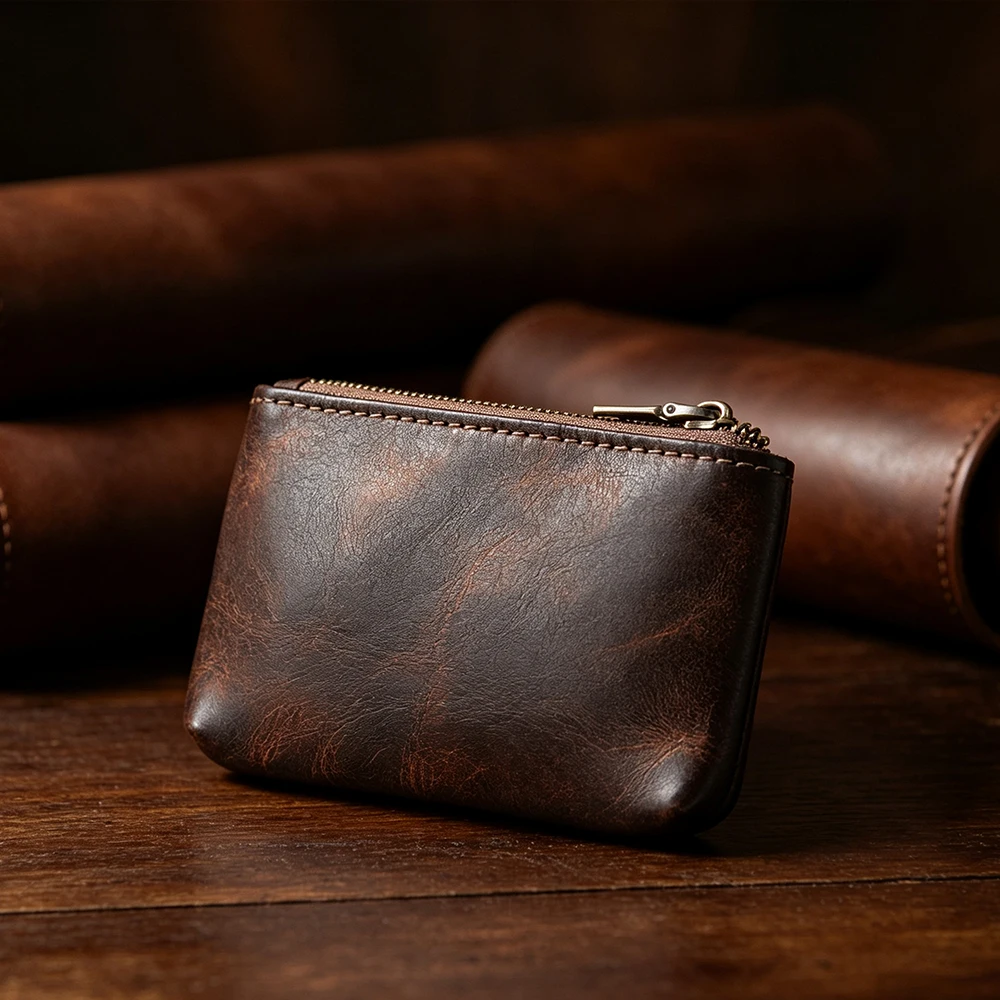 Slim Short Men's Wallet Vintage Genuine Leather Card Holder Zipper Coin Pouch High-Quality Snap Money Clip for Males