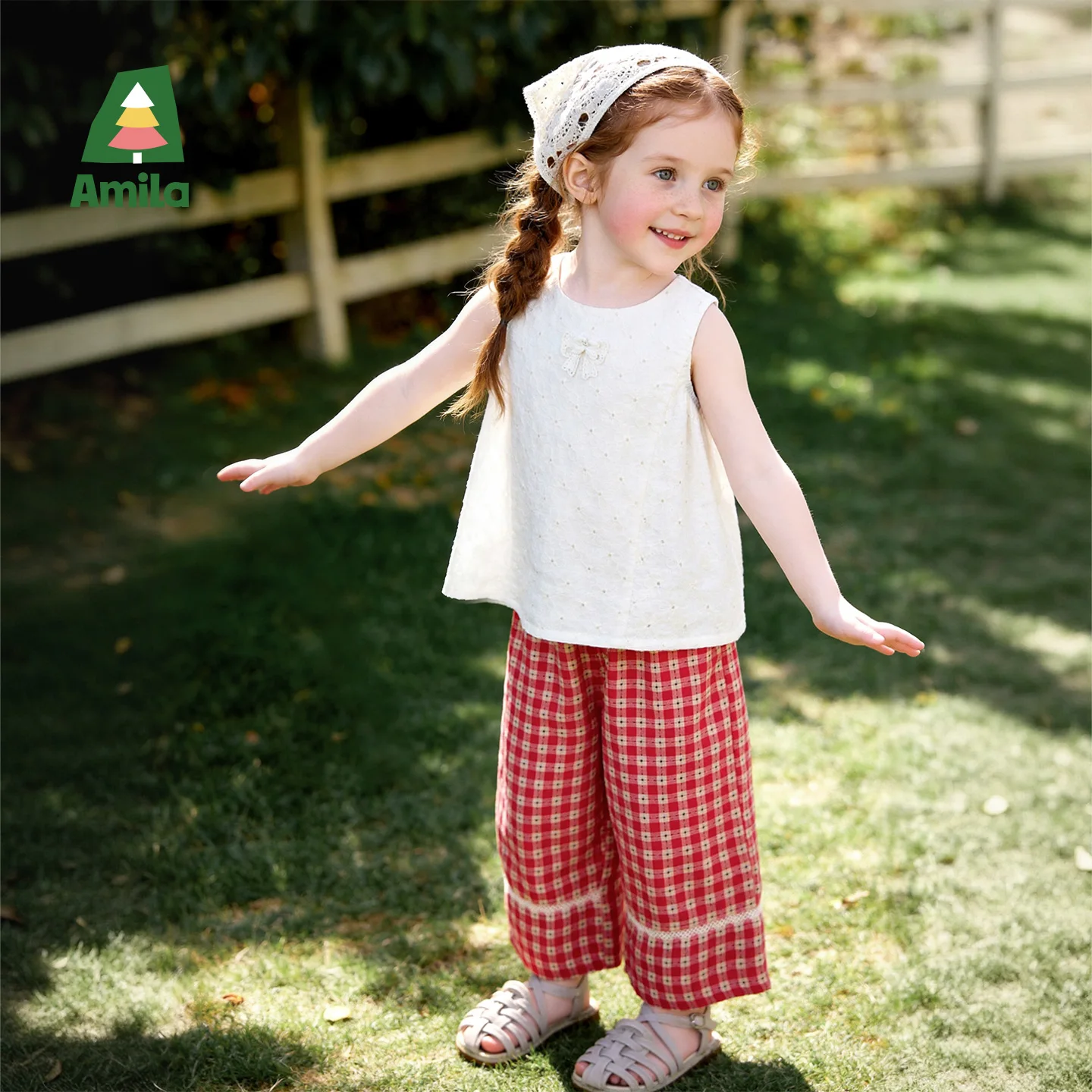 Amila 2026 Summer New Children's Casual Pants Vintage Checkered Pattern Hollow-Out Lace College Style Trendy Casual Pants