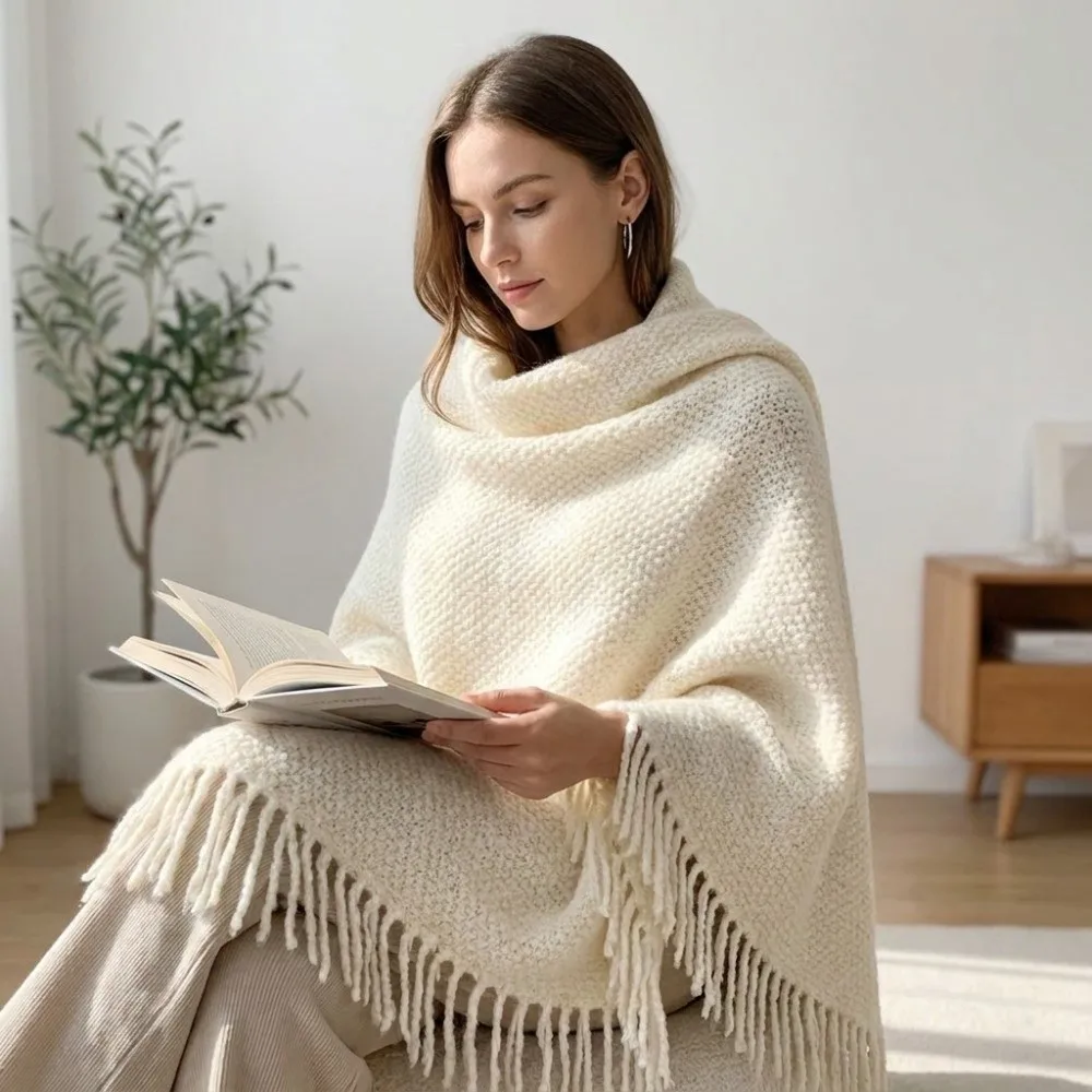 Chic Wool‑Blend Triangle Shawl Tassel Multi-color Neck Warmer Decorative Warm Wrap Shawl Indoor