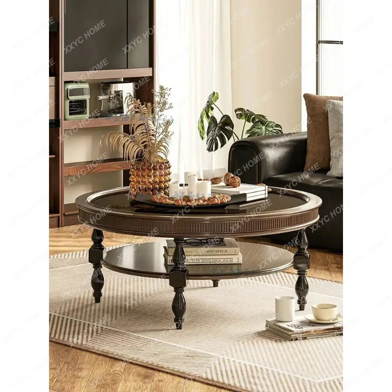 XX retro solid wood round black coffee table double-layer carved wooden apartment