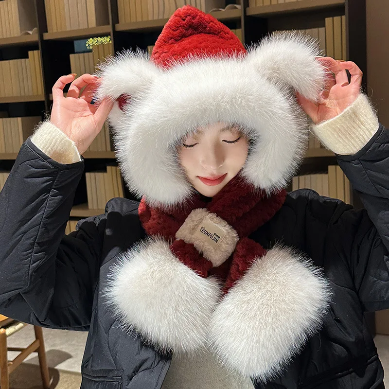 

Women's Fall Winter Plush 2-in-1 Hat & Neck Warmer - Warm Cozy Integrated Scarf Hat, Soft Fuzzy Neck Gaiter for Cold Days