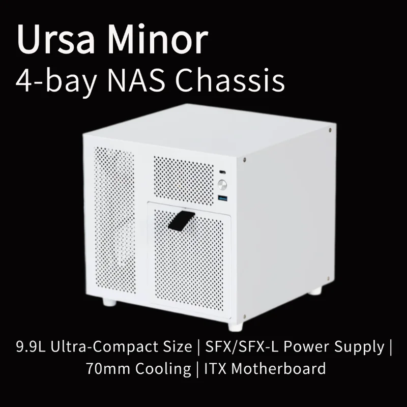 

Корпус Ursa Minor с 4 байками NAS, блок питания SFX, материнская плата ITX, ультракомпактный размер 9,9 л, радиатор 70 мм