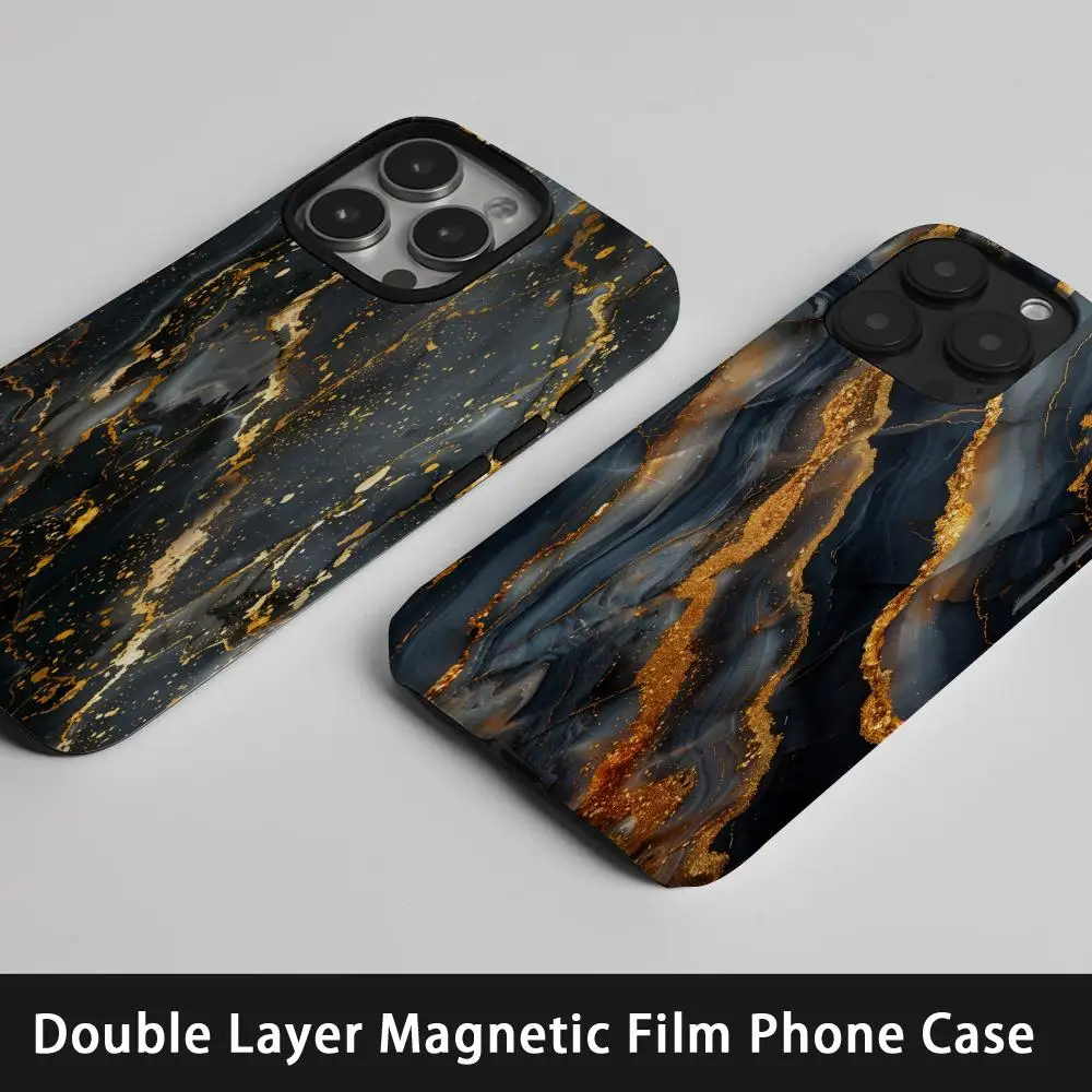 

Abstract Gold & Black Marble Texture Phone Case Korean INS For IPhone 16 15 14 13 12 11 Pro Max Plus Luxury Magnetic Double-lay