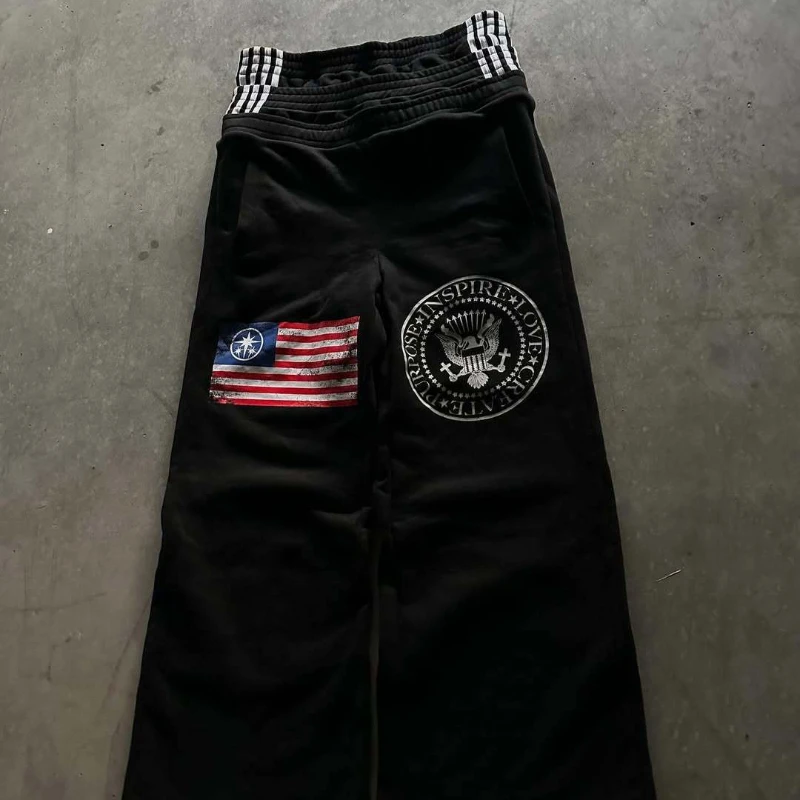 하이웨이스트 와이드 레그 팬츠 아메리칸 스타일 스트리트웨어 자수 패턴 남녀공용 멀티웨이스트 패셔너블 바지