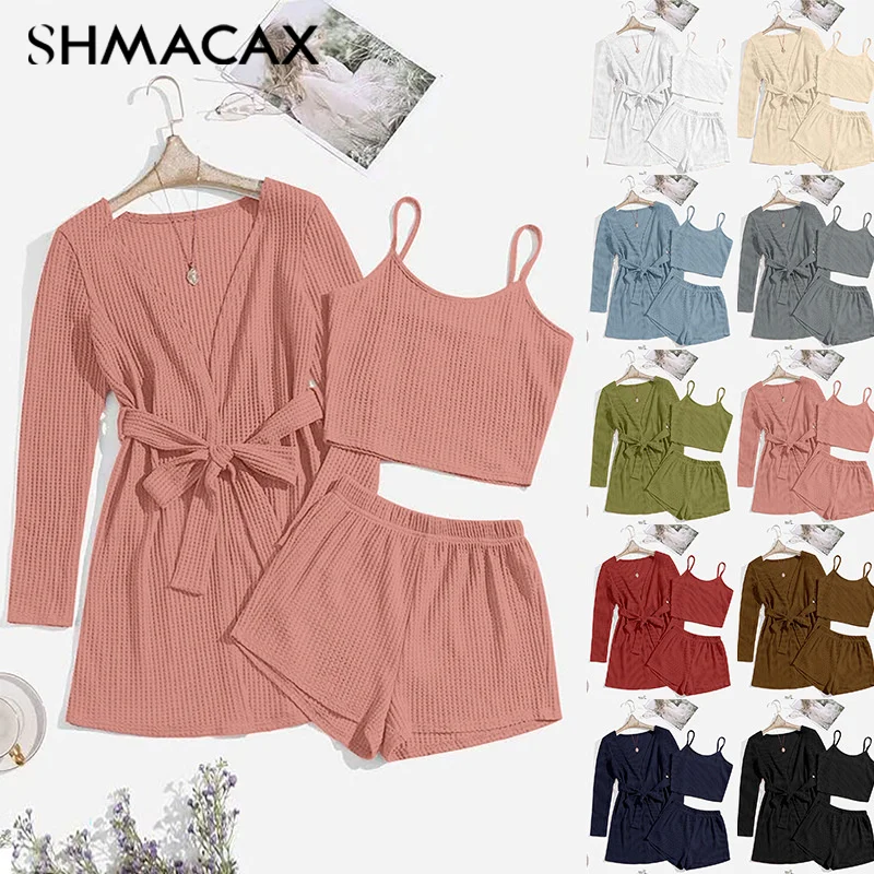 Three-piece Home Wear Set For Women, Waffle Knitted Suspenders, U-neck Top, Trousers, Robe, Pajamas, Three-piece Set