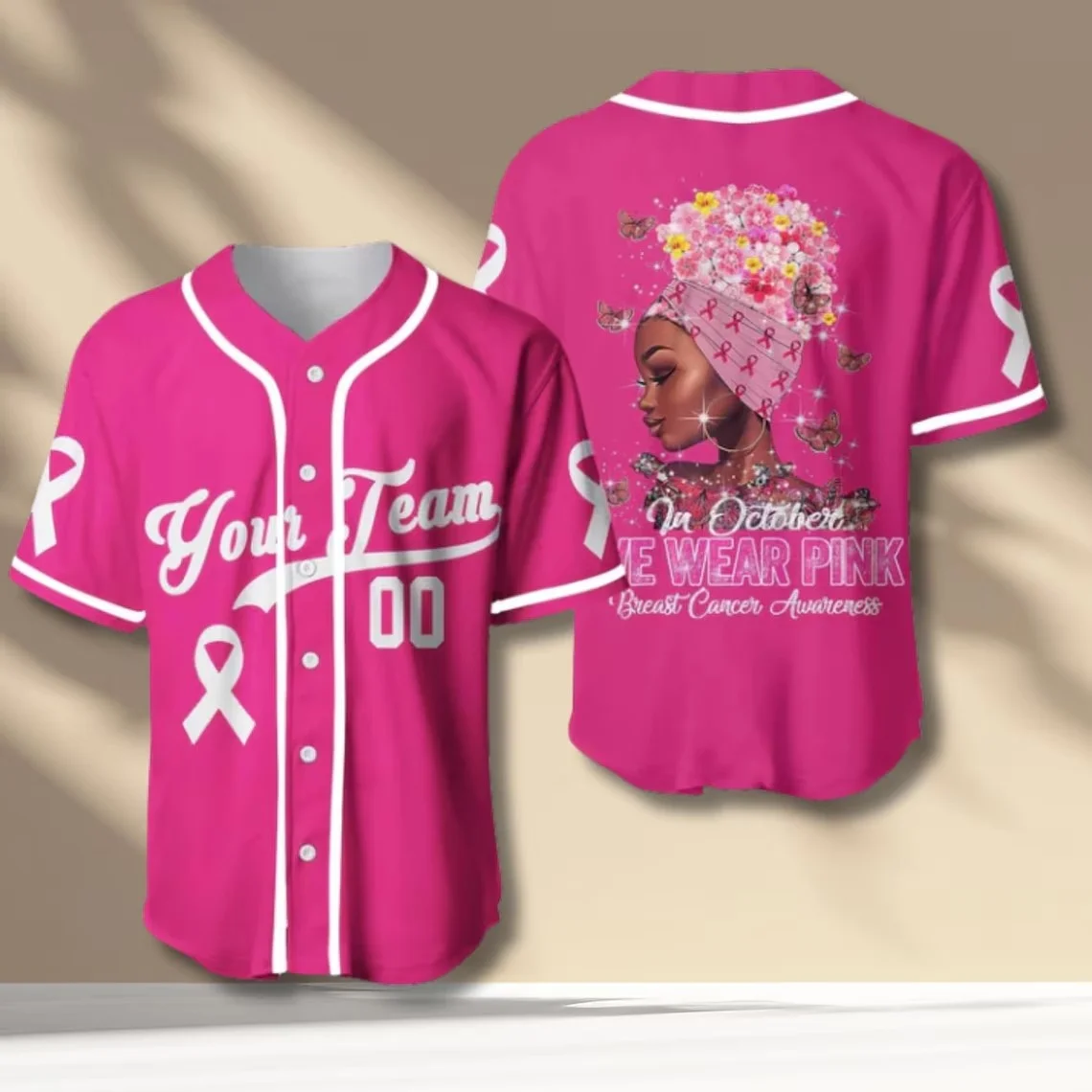 Breast Cancer Awareness Baseball Jersey Pink Ribbon Button Up Unisex Shirt Support Gift