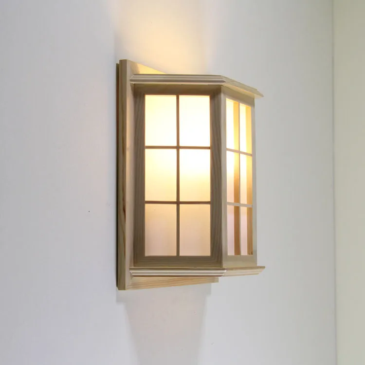 Japanese Style Pine Camphor Wood PVC Crafts Wooden Window Frame LED AC 110/220V Aisle Wall Light Fixture Luminarias Para