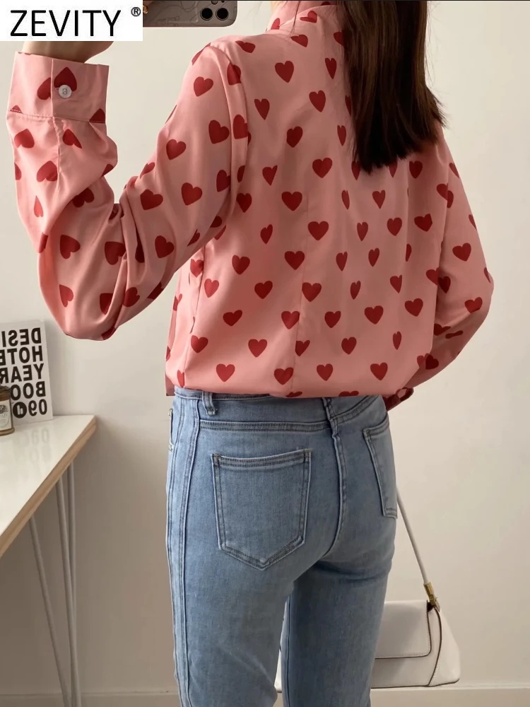 Zevity Women Sweet Bow Decoration Hearts Print Chiffon Blouse Ladies Long Sleeve Loose Shirts Chic Casual Blusas Tops LS10045