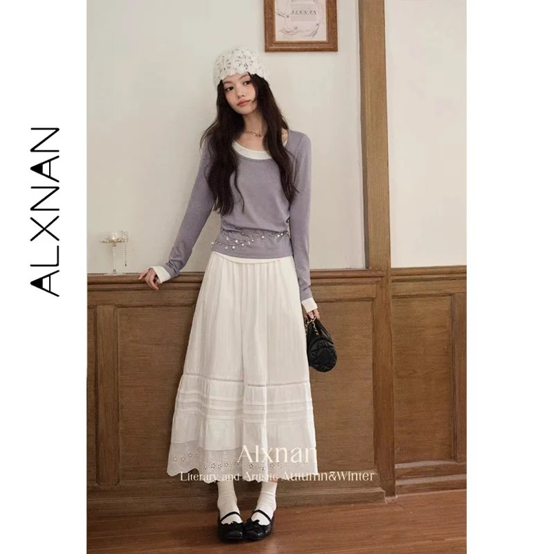 ALXNAN Women's Skirt White Lace Cut-Out Detail Layered Flowy Long Skirt Cotton 100% Autumn Elastic Waist Female Clothing VL52990