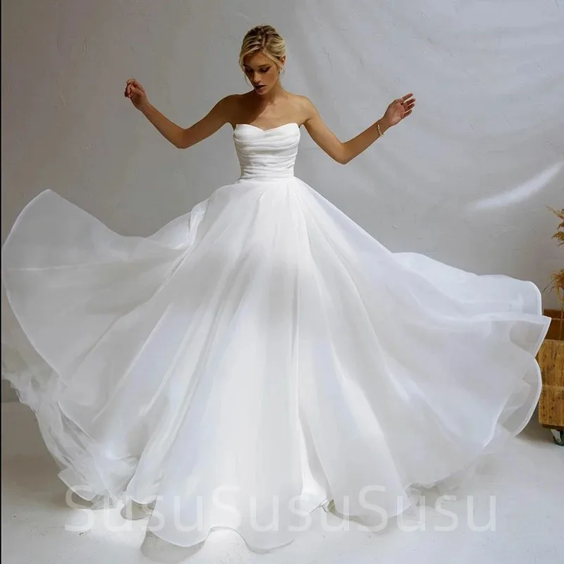 

Simple Pleat Tulle Strapless Wedding Dresses Side Split Sweetheart Beach Bride Dress Elegant Sleeveless t Boho Robe De Mariee