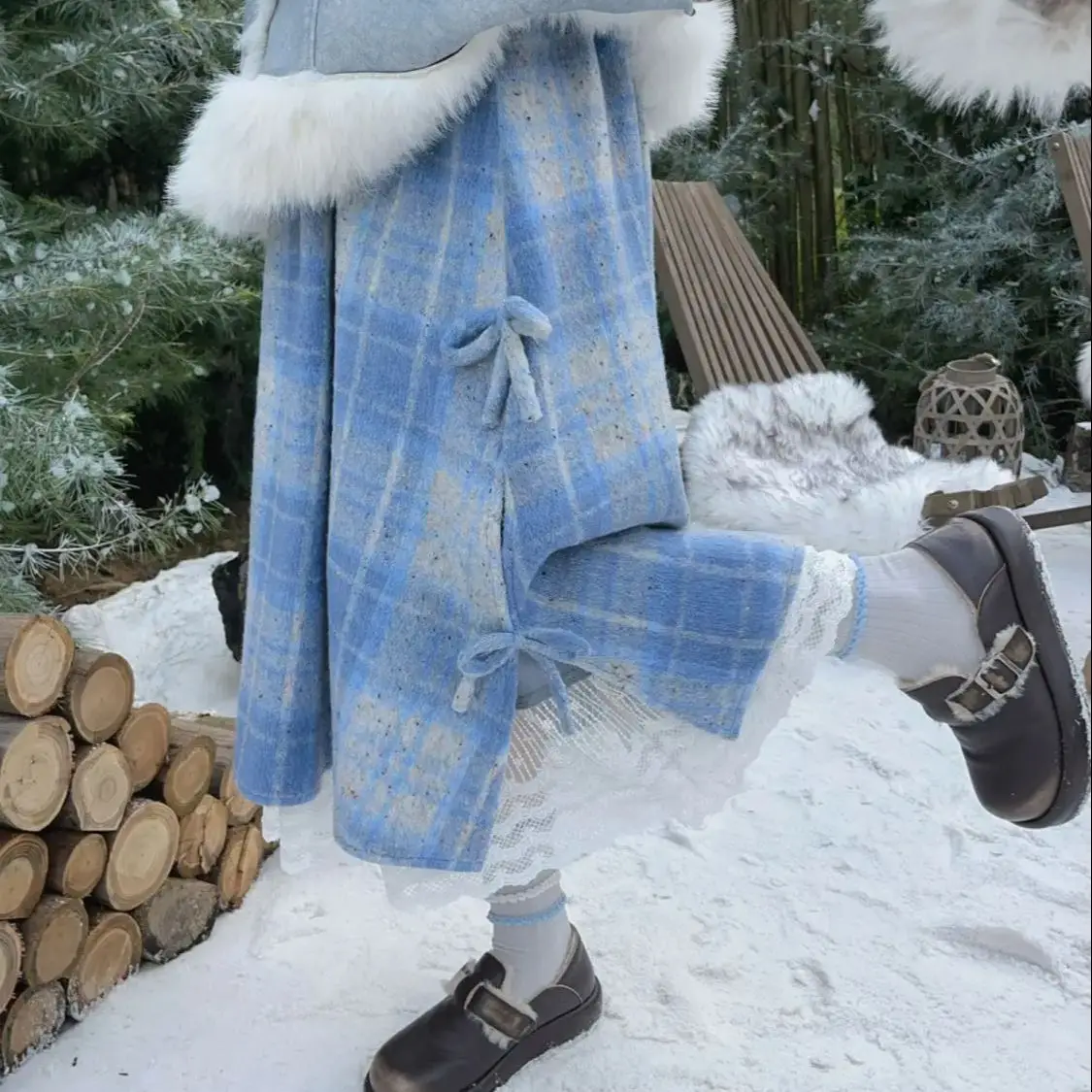 

Japan'S Sweet Fresh High-Waisted Slimming Thickened Blue Plaid Woolen Skirt Mid-Length Umbrella Skirt New Autumn Winter Style