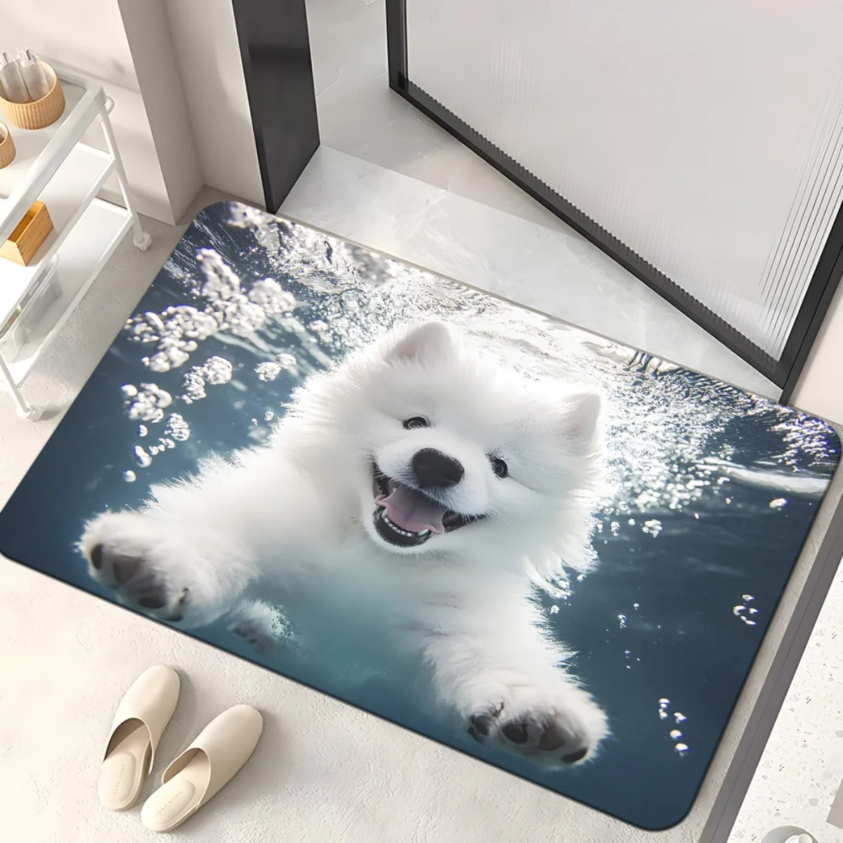 1pc Swimming‑Samoyed‑Print Doormat, Non‑Slip Absorbent Floor Mat, Machine Washable for Bathroom, Bedroom, Living Room