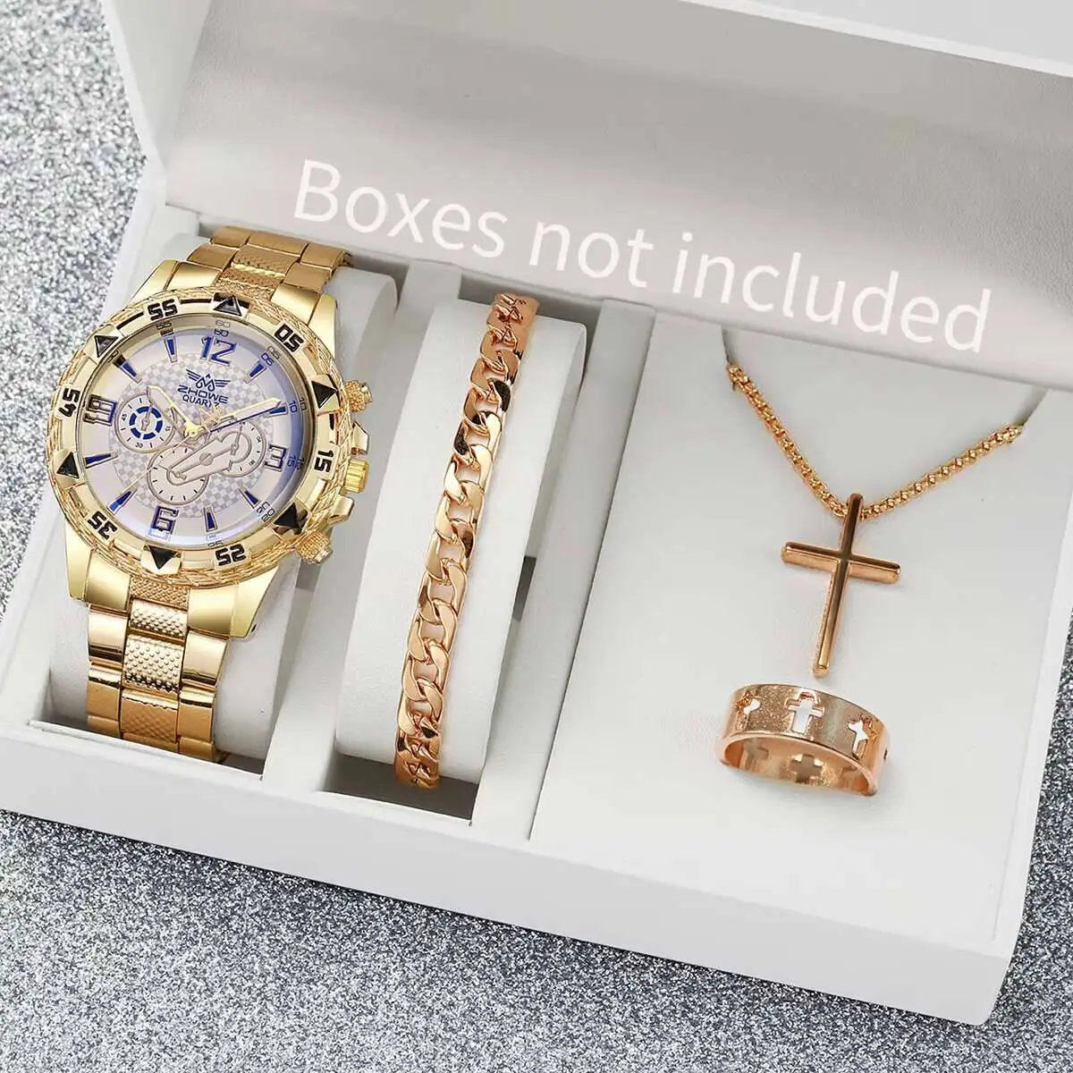 남성용 비즈니스 시계 패션 스틸 밴드, 아날로그 쿼츠 시계, Relogio Masculino 쥬얼리 세트, 박스 없음, 4PCs/세트