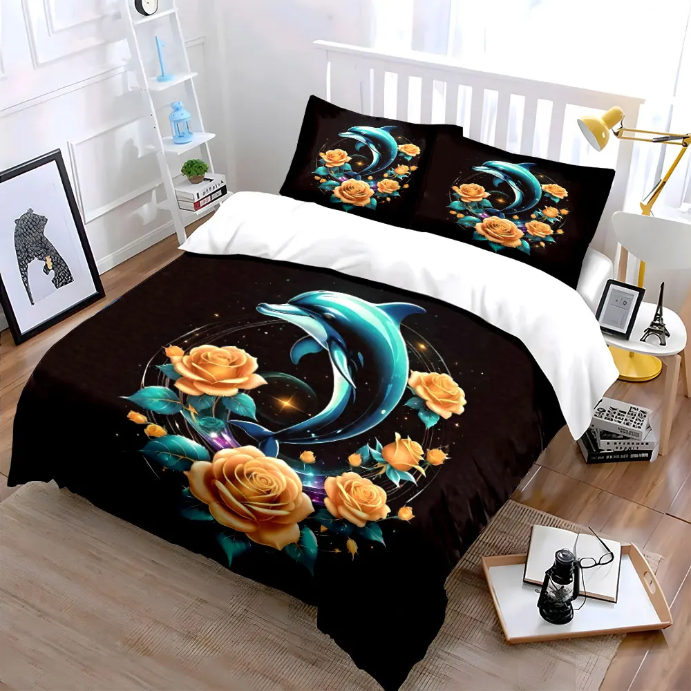 Dolphin with golden rose wreaths Print Bedding Set 1 Duvet Cover 2 Pillowcases for Adult and Children Luxury Gift Full Size