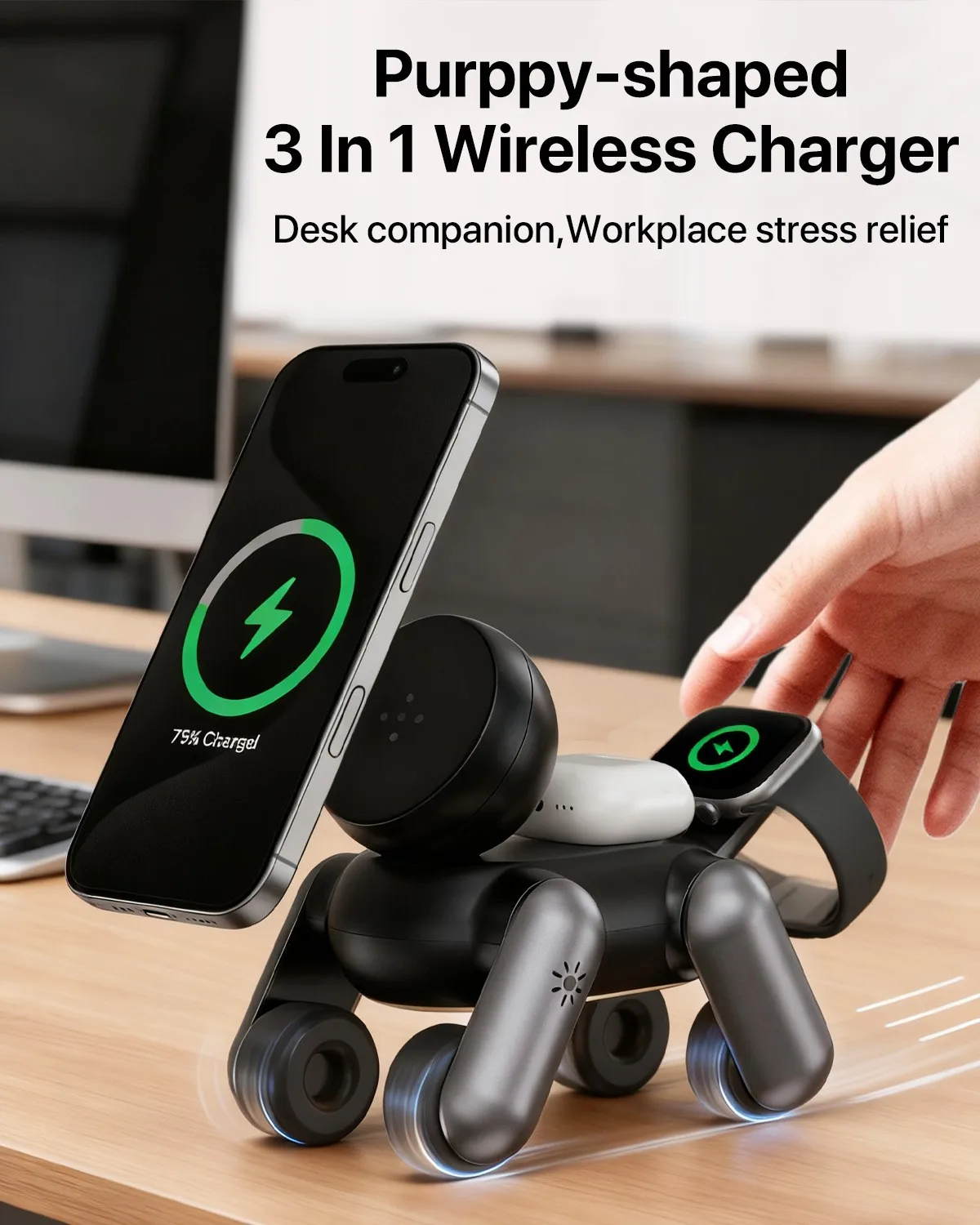 3-in-1 Magnetic Wireless Charger Portable MagSafe Robot Dog Holder Multi-Function Fast Charging Station for Phone Watch Earbuds - view 4
