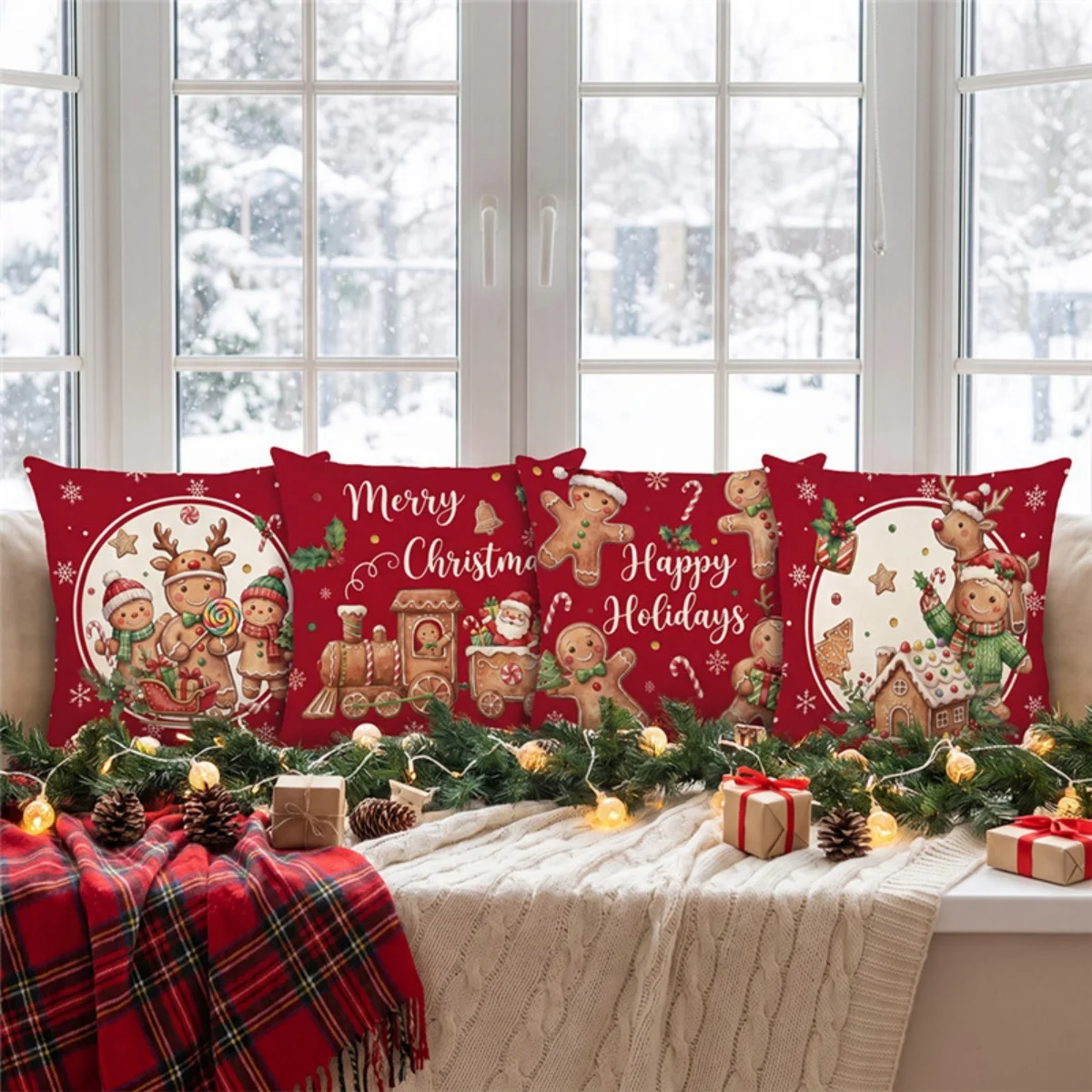 Cute Gingerbread Man Train Christmas Pillow Covers Set of 4, Winter Holiday Cushion Cases for Sofa Home Decor
