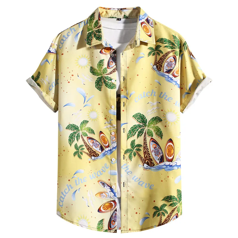 Yellow Palm Tree Wave Print Beach Tropical Shirts Men 2023 Brand Slim Fit Short Sleeve Hawaiian Shirt Men Party Vacation Tops