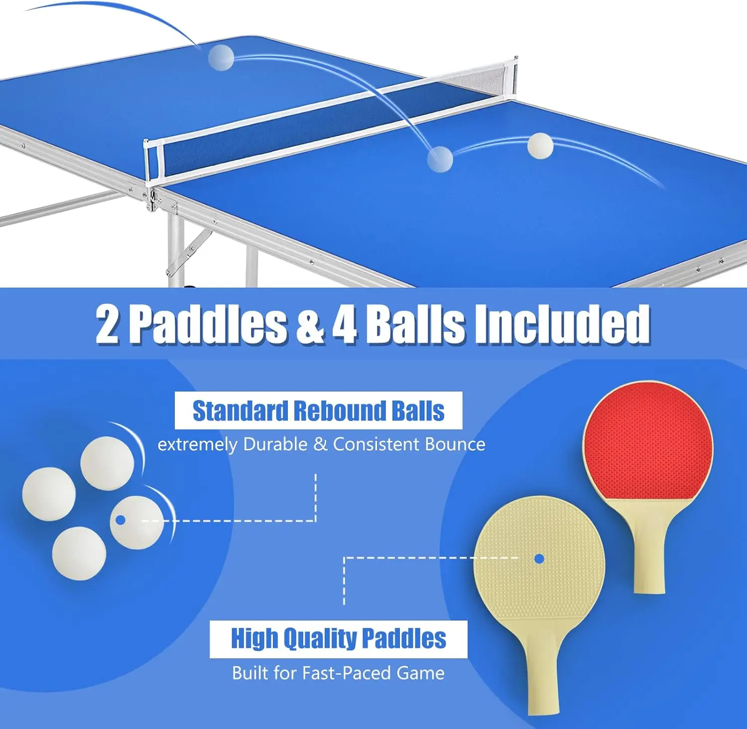 Foldable Ping Pong Table, 100% Preassembled, Portable Table Tennis Table Game Set with Net, 2 Table Tennis Paddles and Ping Pong