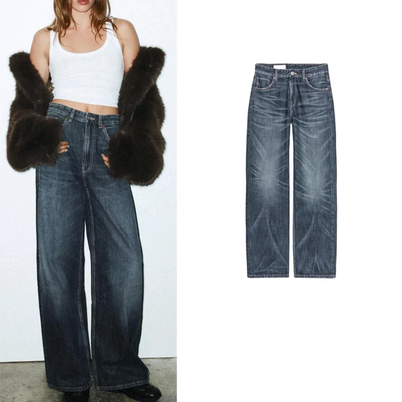 

Новые осенние женские матовые американские джинсы на молнии со средней талией и широкими штанинами, джинсовая ткань с высокой талией, женская мода