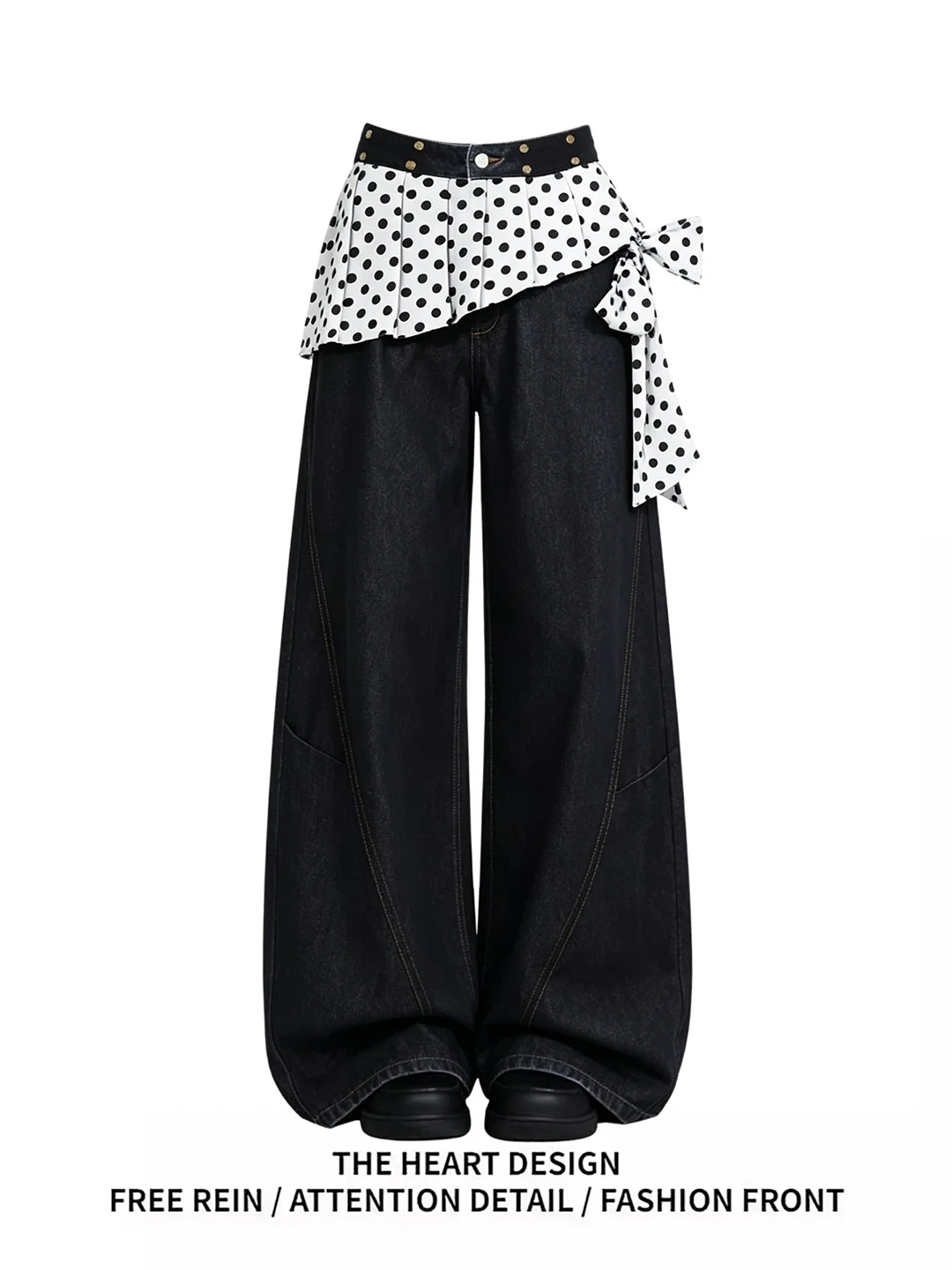 

American Polka Dot Belted Wide Leg Jeans Women Summer High Waist Black Straight Loose Casual Draping Loose Leg Pants
