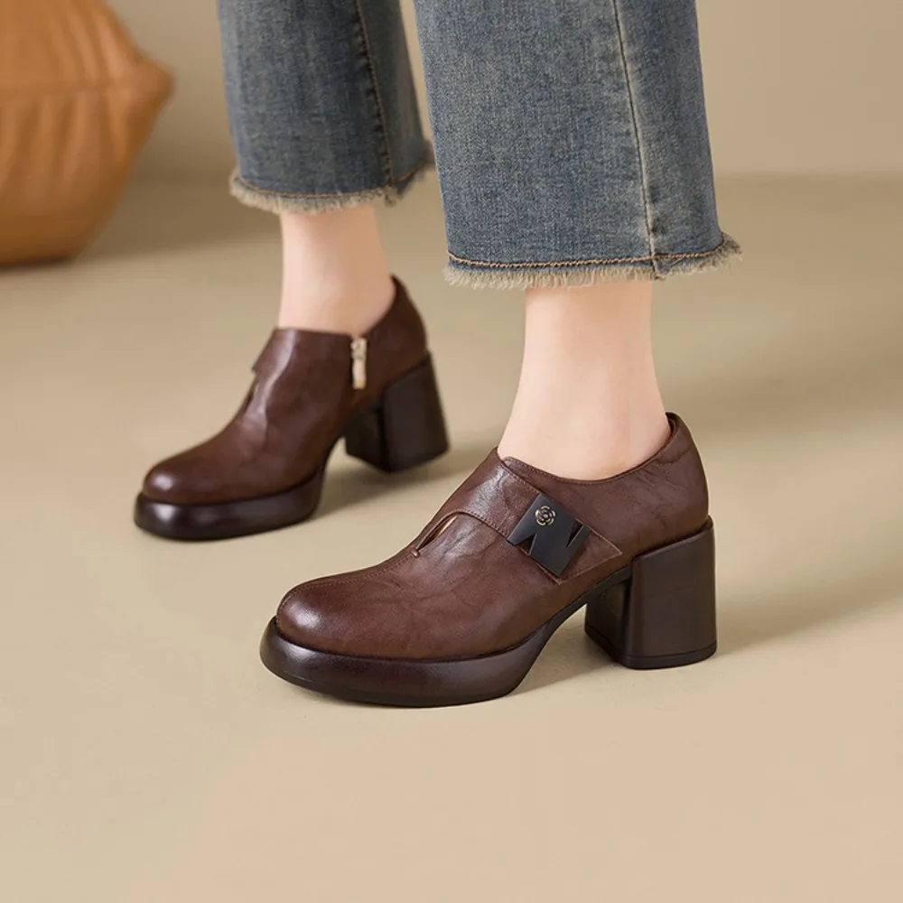 Autumn/Winter New Women's Loafers Round Toe Thick Heels Platform High Heels Zipper Design Genuine Leather Women's Shoes