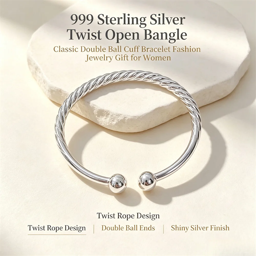 999 Sterling Silver Twist Rope Open Bangle for Women, Classic Double Ball Ends Cuff Bracelet, Fashion Jewelry Gift