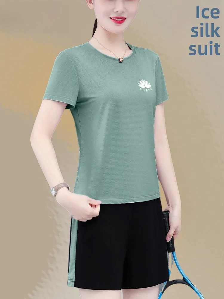 

TUCANO 2025 Summer New Ice Silk Thin ort Sve Sportswear Set for Women Qui Dry Mommy Outfit Two Pieces round Ne Overhead