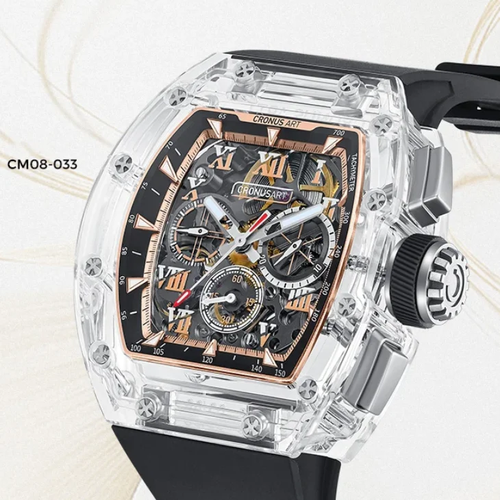 CRONUSART Men Chronograph Watch 50m Tonneau Automatic Mechanical Wristwatch Sapphire Case & Mirror Luminous Fluororubber Strap