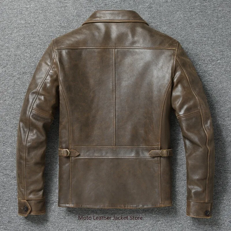 1940s American Vintage Depp Style Jacket, Uncoated Cracked Cowhide, Men's Lapel Plus Size Genuine Leather Coat