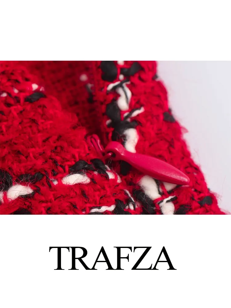 TRAFZA شورت نسائي أحمر منقوش بسحاب جانبي تصميم نحيف صيفي صغير كولوتيس نسائي أنيق عالي الخصر غير رسمي ملابس خروج Mujer