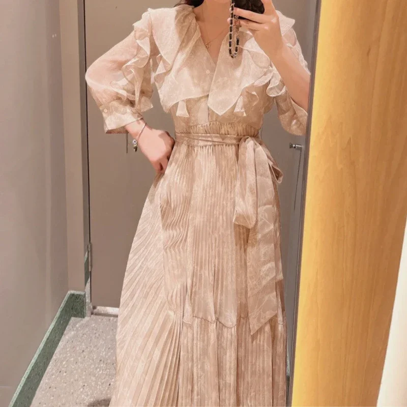 

Kuzuwata New JAPAN Style V-neck Printed Ruffle Sleeve Vestido Lace Up Waist Pleated Dress Women Autumn Winter 2024 Robe Femme