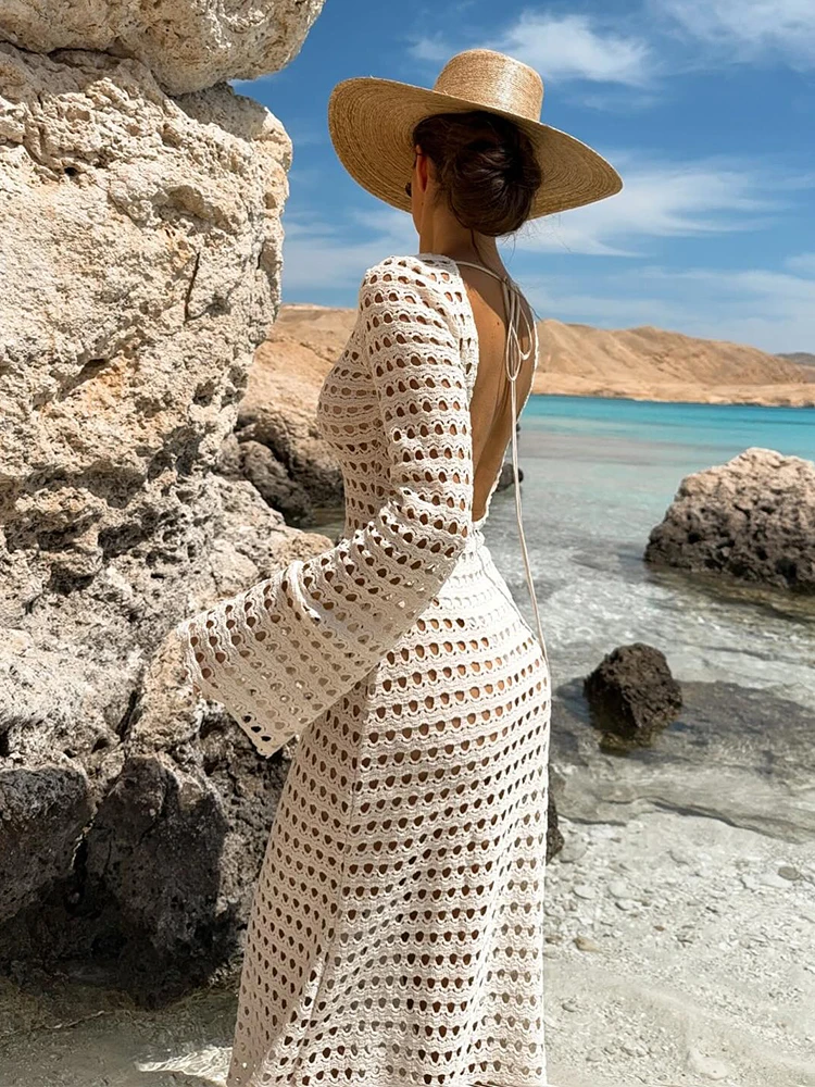 backless knit dress sleeved Sexy Hollow Out Long Sleeve Beach 2025 Women's Summer Elegant O Neck Slim Vacation Party Maxi Dresses K205 Size:US 26W making it a must 179 Long Spaghetti Strap Prom
