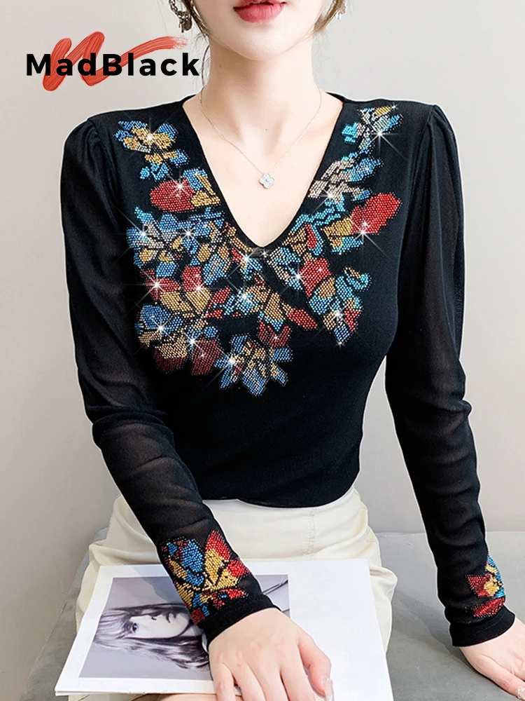 

MadBlack-Women European T-Shirt, Sexy V Neck Hot Diamond, Streetwear Long Sleeve Slim S-3XL Mesh Tee, 2025 Autumn New T59739CC