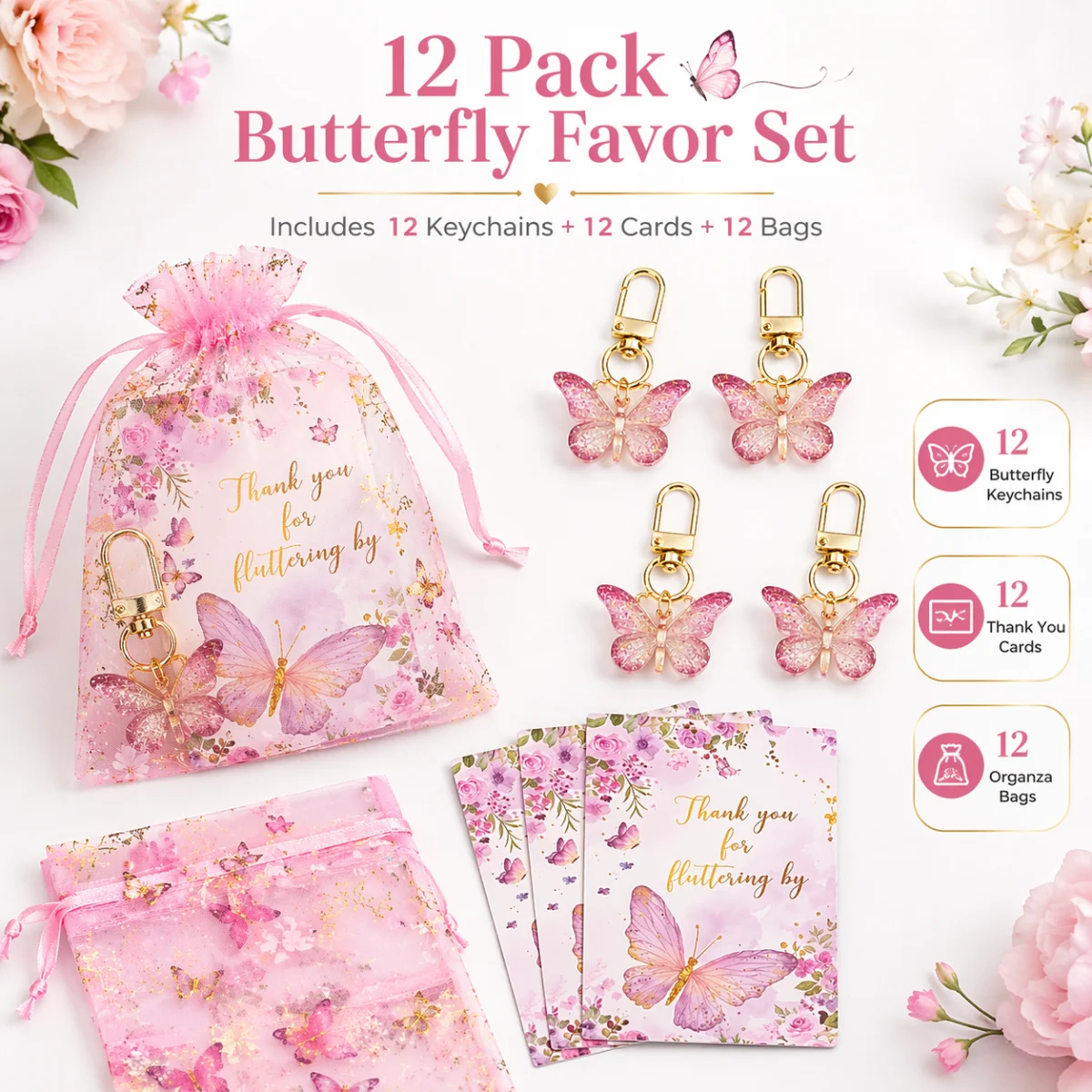 36 pièces, coffret cadeau porte-clés papillon, 12 porte-clés rose acrylique, 12 cartes marron et 12 sacs à cordon en Organza, genre