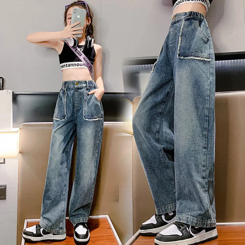 Spring Summer Teenager Girls Denim Wide Leg Pants Children Trousers Casual Baby Girls Jeans 4 6 8 10 11 12 13 Years Kids Clothes