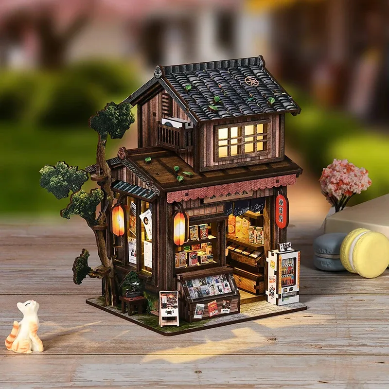 DIY Wooden Kasuga Grocery Store Casa Figurines Miniatures Bookend Assembled Houses for Friends Birthday Gifts Home Decoration