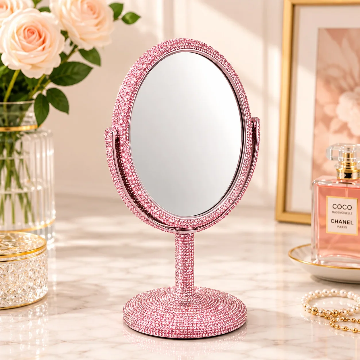 Bling Rhinestone Makeup Round Mirror 360 ° Rotating Folding Cosmetics Mirror Desktop Double Sided Mirror Beauty Tools Gift