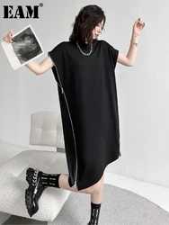 [EAM] vestido informal negro con cremallera de talla grande para mujer, nuevo cuello redondo, manga corta, corte holgado, moda Primavera Verano 2024 1DF7865