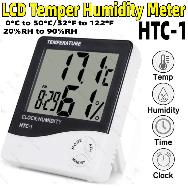 LCD Digital Temperature Humidity Meter HTC-1 Home Indoor Hygrometer Thermometer 0-50°C/32-122°F 20%-90%RH Weather Station Clock