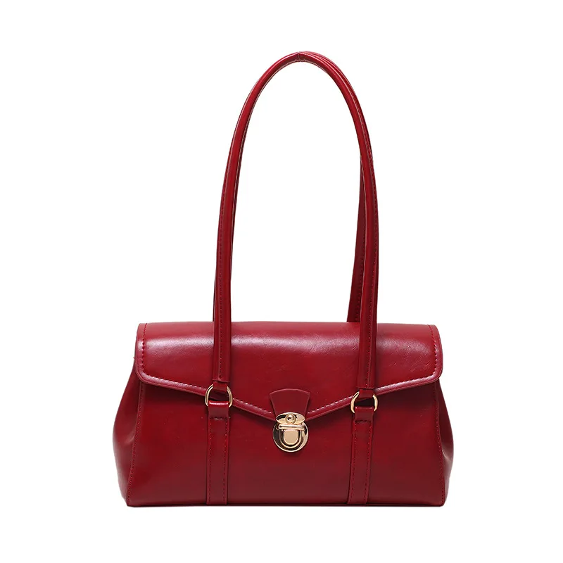 Classic Burgundy Women\'s Briefcase 2024 New Ladies Minimalist Lock Buckle Zipper Shoulder Bags Elegant Retro Commuting Handbag