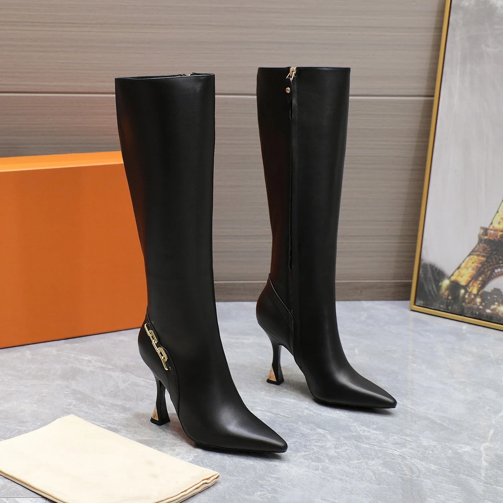 Shoes For Women Size35-42 Genuine Leather Boots Super High Heels Knee High Boot Metal Decoration Designer Shoes Zapatos De Mujer